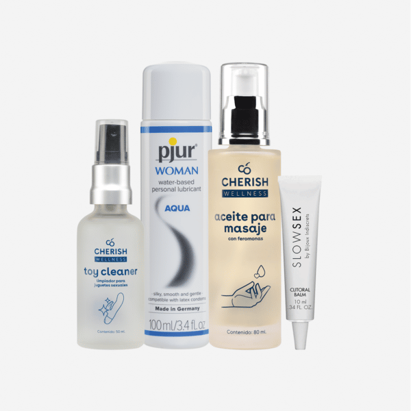 kit cuidado y placer lubricante base agua, sanitizante, estimulante sexual y aceite para masaje
